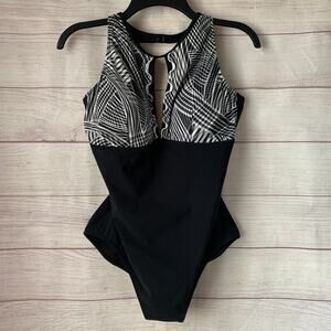 Profile Black and White One-Piece Swimsuit High Neck Ruffle Keyhole Size 12